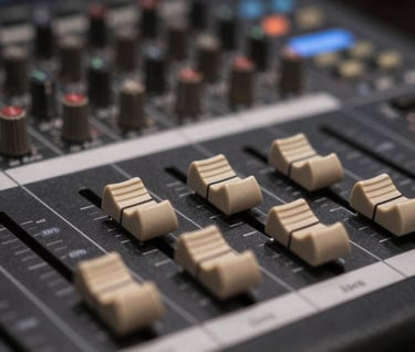 A close-up of a professional mixing console with the faders illuminated in #8D765D, highlighting the technical craftsmanship of the music.