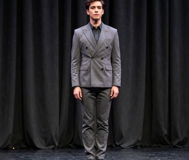 An elegant full-body shot of a performer in a sharp, modern costume, standing against a dark stage curtain, North American / US venue, contemporary theatrical photography style using a muted grey palette.