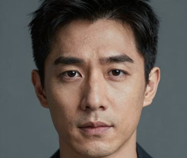 Close-up cinematic headshot of an actor with a thoughtful expression. Contemporary lighting with subtle shadows, emphasizing texture and character. North American / US context, very clean and sophisticated aesthetic using grey and slate blue tones.
