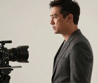 A profile photography shot of a dramatic dialogue scene on a North American / US television set. The composition is minimalist and contemporary, focusing on the actor's sophisticated presence. Lighting is soft and professional with off-white tones.