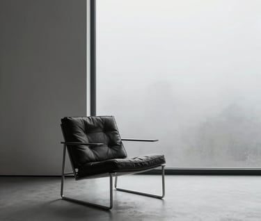 A minimalist interior space with a single designer chair in dark leather, a large window showing a misty morning, and vast amounts of negative white space. Quiet, calm, and expensive atmosphere. Palette: #1A1A1A, #F8F5F2.