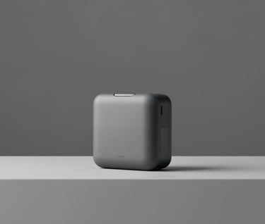An aesthetic product photography shot. A high-tech gadget or fashion accessory positioned off-center on a light grey (#D8D8D8) plinth. Abundant negative space around the object. Muted color palette of #8E8E8E and #1A1A1A.