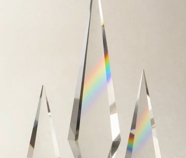 Abstract light patterns and rainbows reflected through crystal prisms, utilizing a soft off-white and pale silver color palette for a creative commercial shot, Central European studio.