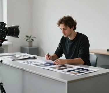 A creative professional reviewing a portfolio in a modern Central European studio environment, minimalist interior with light silver grey furniture, soft natural lighting.