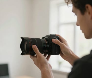 A professional photographer's hands precisely adjusting a camera lens in a bright, modern Central European studio with soft off-white walls.