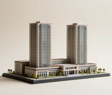 Elegant product shot of a architectural scale model on a soft off-white background, clean composition with soft light, capturing professional creative vibes.