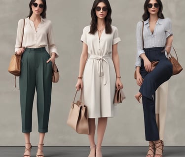 Three women modeling professional business casual outfits including high-waisted trousers and a belted shirt dress.