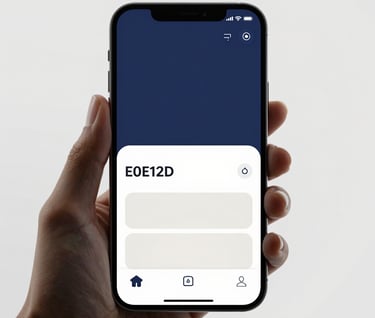 A sleek smartphone displaying a custom mobile app interface with professional layouts. The color scheme is predominantly #0D1B2A and #E0E1DD. Minimalist, modern setting with professional lighting.