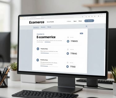 A professional portrait of a workspace with a focus on an e-commerce interface on a screen. The environment is bright and inviting, incorporating the #E0E1DD and #778DA9 colors for a contemporary feel.