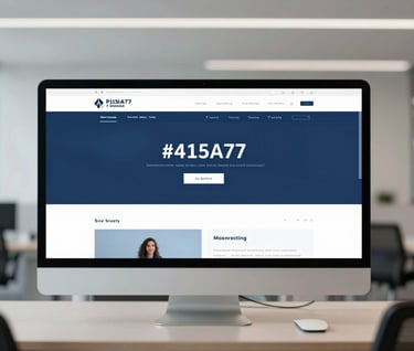 A modern office space with a large digital screen displaying a website interface designed in #415A77 and #778DA9. The style is clean and inviting, reflecting refined professionalism.