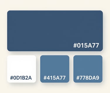 A set of brand color swatches showcasing #0D1B2A, #415A77, and #778DA9 arranged artistically on a light #E0E1DD background. Minimalist and creative composition.