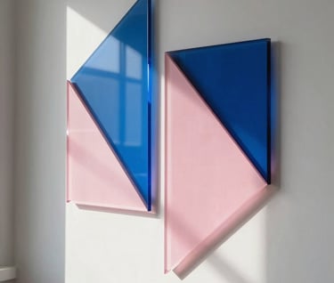 Abstract photography of light passing through colored glass prisms, casting cerulean blue and soft pink patterns on a neutral white wall. Artistic and elegant Bauhaus style captured in a North American / US interior.