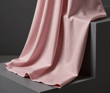 An abstract photography piece focusing on a soft pink textile draped over a dark gray geometric pedestal. The lighting is soft and directional, highlighting the fabric's texture against the sharp, clean edges of the pedestal in a professional North American studio setting.
