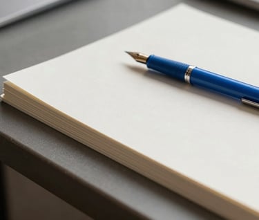 Detail shot of a minimalist workspace in a US creative loft. A stack of ivory paper sits next to a cerulean blue fountain pen. The lighting is crisp and natural, highlighting the elegant simplicity and professional atmosphere.