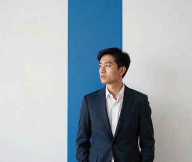 Minimalist portrait of an artist in professional attire standing against a white wall with a single vertical cerulean blue stripe. Bauhaus aesthetic, North American / US urban setting, soft natural light, very elegant and clean.