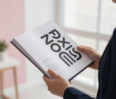 Close-up of a person dressed in professional attire, holding a high-end printed portfolio book featuring typographic designs. The setting is a bright, airy North American interior with soft pink and white tones in the background.