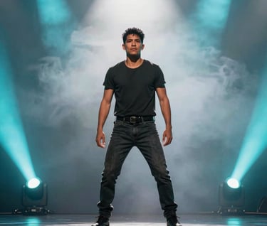 A medium shot of a male South American / Colombian performer on a dark stage. He is surrounded by a hazy atmosphere illuminated by electric neon cyan spotlights. Soft cloud white backlighting creates a strong silhouette.