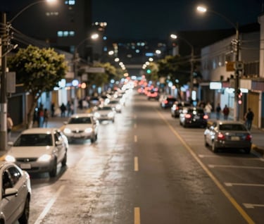 A blurred, cinematic night view of a busy South American / Colombian city street with car light trails in soft off-white and deep black shadows, reflecting an urban atmosphere.