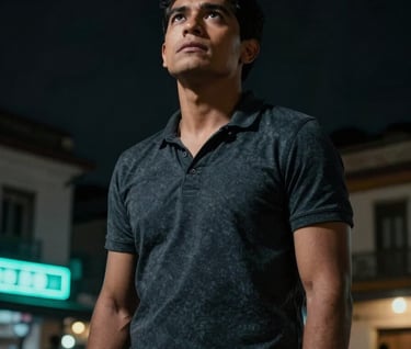 A low-angle shot of a South American / Colombian actor looking up at the sky in an urban square. The lighting is dark charcoal with subtle electric neon cyan glow from distant signs. Dramatic and inspiring composition.