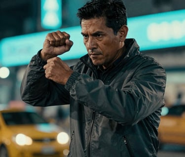 An action photo of a man performing in an urban South American / Colombian setting at night. He is wearing a dark grey jacket. The scene is lit by blurred neon cyan city lights in the background. High-quality cinematic photography.