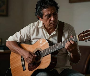 A cinematic shot of a musician playing an acoustic guitar in a dimly lit room, soft off-white light hitting the strings, atmosphere of a moody South American / Colombian evening.