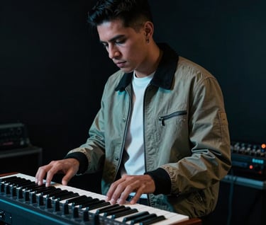 A South American / Colombian male producer wearing a stylish urban jacket, working on a synthesizer. Moody lighting with deep black shadows and neon cyan highlights.
