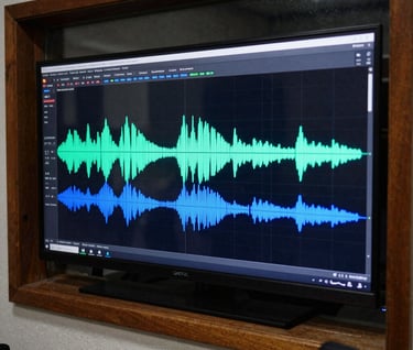 Digital audio workstation screen displaying sound waves in neon cyan and electric blue, reflected in the dark glass of a South American / Colombian studio window.