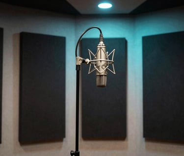 An empty recording booth with a professional microphone stand, dark acoustic panels, and a soft cyan glow from the studio light. South American / Colombian recording facility.