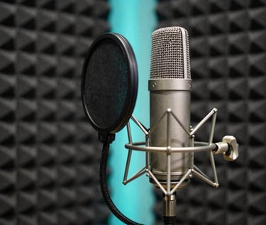A professional studio microphone with a pop filter, illuminated by a faint electric neon cyan backlight, set against a dark charcoal acoustic foam wall in a South American / Colombian music studio.