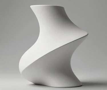 Abstract sculptural form in matte white, elegant curves, sharp shadows. Minimalist art style. Lighting that highlights form and texture against #D8D8D8.