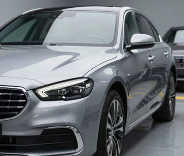 After shot: The same luxury sedan from section 1, now with a perfectly smooth surface where the dent used to be, reflecting the clean workshop environment, professional finish, leading aura.