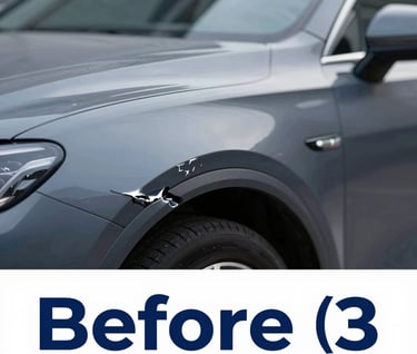 Detailed 'Before' shot of a significant dent on a car fender, with harsh lighting to emphasize the damage. Professional automotive repair context. Brand colors #0A1E3C and #A3B5C9 in the environment.