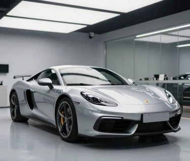 A wide shot of a pristine silver sports car in a clean, modern workshop, reflecting the overhead professional lighting. No visible dents.