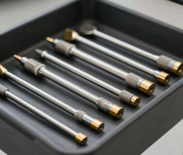 Selection of professional PDR (Paintless Dent Repair) rods and tools made of high-grade steel and gold-colored tips, neatly organized on a tool trolley. Powerful, professional setup. Lighting is sharp and clean.