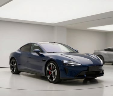 Wide shot of a navy blue luxury car #0A1E3C after a full PDR treatment, parked in a minimalist showroom. The lighting emphasizes the perfection of the curves and the depth of the original paint.