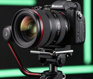 Close-up of a high-end camera lens on a gimbal, reflecting a dark studio with neon green lights. The composition is clean and technical, emphasizing precision and conversion-focused production.