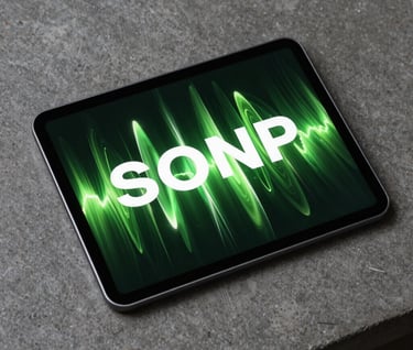 Sharp photography of a digital tablet on a dark concrete surface in a South American office. The screen shows a high-conversion motion design project with vibrant green energy waves and white bold typography. Professional, clean, and futuristic.