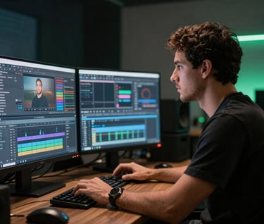 Cinematic side profile of a professional editor in a dark studio in São Paulo, focused on a high-resolution screen. The room is illuminated by the soft white light of the monitors and a subtle neon green accent light in the background.
