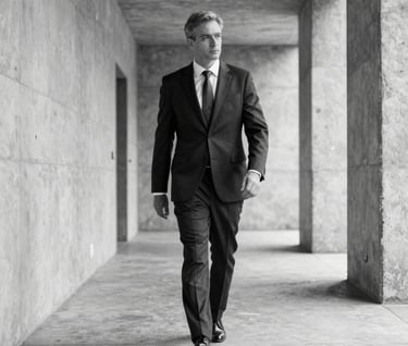A desaturated, black and white editorial photograph of a professional in a sharp, dark suit walking through a minimalist concrete hallway in Brasilia.