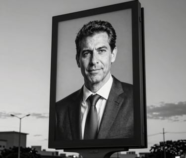 An editorial photograph of an outdoor billboard in Brasília at dusk. The billboard features a high-contrast black and white portrait of a professional. The surrounding environment is clean and desaturated, highlighting the advertisement.