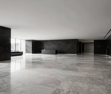 A minimalist, monochromatic wide shot of an empty, high-end corporate lobby in Brasília. The flooring is polished stone reflecting pure white and deep charcoal tones. Minimalist furniture creates a sense of space and high craft.