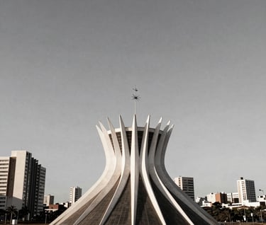 A desaturated wide-angle shot of the modern Brasília skyline under a high-contrast sky, capturing the city's unique architectural soul in a minimalist, artistic style.