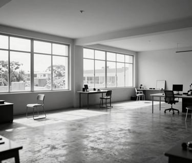 A wide-angle black and white photograph of an open, airy studio space in Brasília, featuring large windows and minimalist furniture, emphasizing a clean and high-craft professional atmosphere.