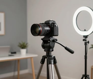 A professional Youtube studio setup with a high-end camera on a tripod, ring light, and a stylish interior in the background. The aesthetic is clean and modern, featuring silver gray and off-white tones, capturing a South American / Brazilian content creator's workspace.