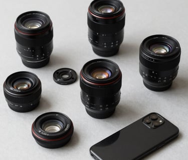 A collection of high-end accessories and tech gadgets arranged on a light gray surface, representing a professional Youtuber's gear. Clean, minimalist aesthetic with a Brazilian modern touch.