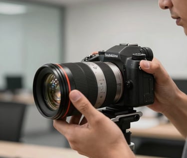 Close-up photography of a professional camera setup and a man's hands adjusting a lens, charcoal gray and silver gray tones, set in a modern South American studio office.