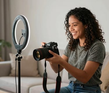 Medium shot of a South American / Brazilian digital creator working with a professional camera and ring light in a clean, modern apartment. Focus on the engagement and charisma of the creator.