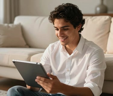 A candid lifestyle shot of a young South American / Brazilian man interacting with a digital tablet in a sophisticated off-white lounge. The lighting is warm and natural, highlighting a charismatic and professional persona.