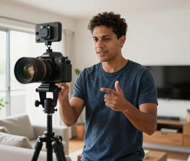 A dynamic shot of a South American / Brazilian man in a contemporary Brazilian apartment, engaged in filming a vlog. Professional lighting equipment is visible but not distracting. The style is bright, clean, and professional.