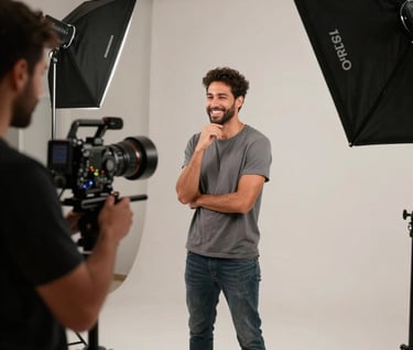 Behind-the-scenes photography of a video production in a modern studio. The scene shows lighting equipment and a charismatic influencer in action. The color palette includes slate gray and off-white, set in a professional South American / Brazilian context.